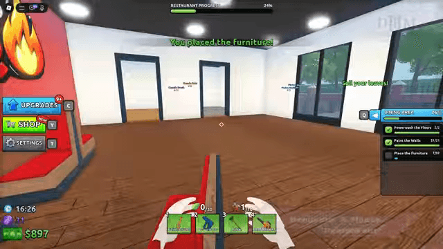 Furniture placement success message and unfinished Dining Area count