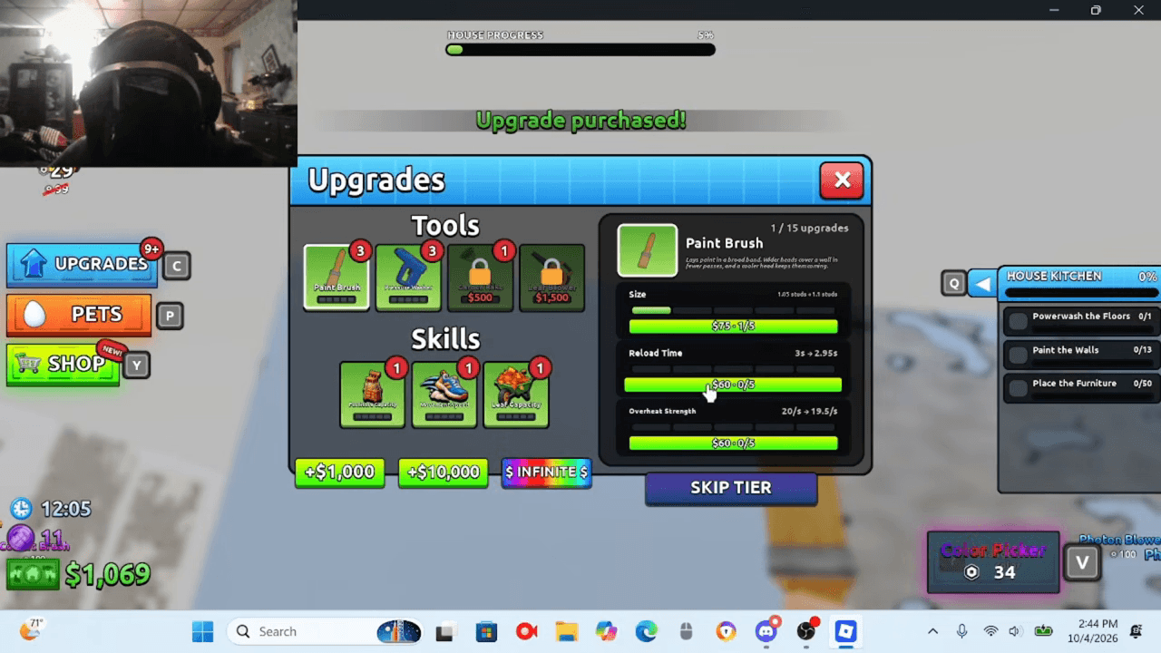 Tools and Skills upgrade menu with Paint Brush attributes