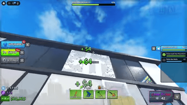 The brush targets an upper exterior panel while the pool zone has unfinished painting.